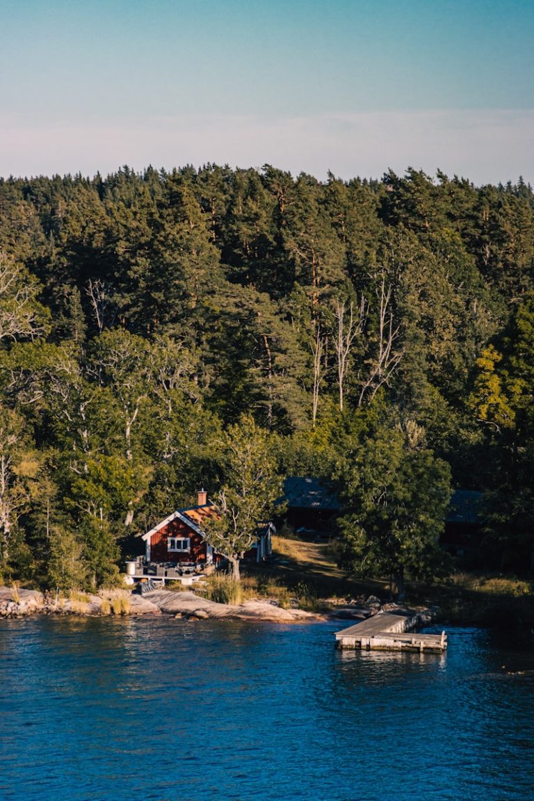a house on a hill by a lake